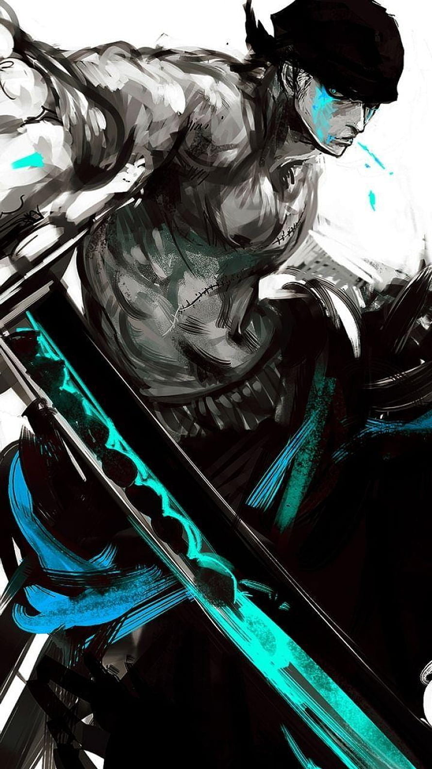 Guts from Berserk wielding the Dragonslayer sword in a dynamic black and white illustration with glowing cyan accents HD phone wallpaper