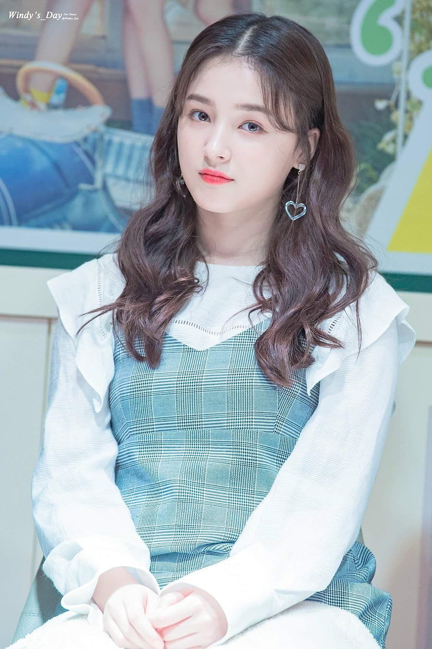Nancy from Momoland in a blue plaid dress with a white blouse and heart earrings HD phone wallpaper