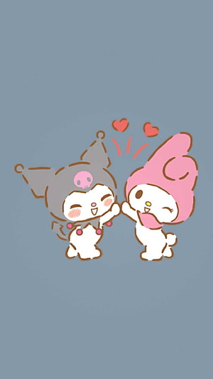 Cute My Melody and Kuromi High-Fiving with Hearts on a Soft Blue Background HD phone wallpaper