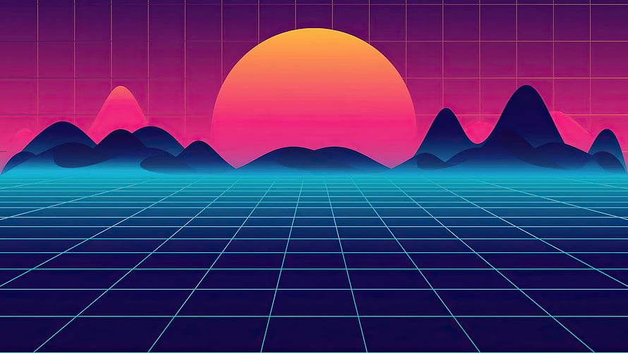 Retro Synthwave Sunrise Over Neon Grid Landscape With Stylized Mountains HD wallpaper