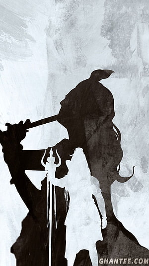 Silhouette of a warrior holding a sword over a fallen figure in a dramatic black and white style HD phone wallpaper
