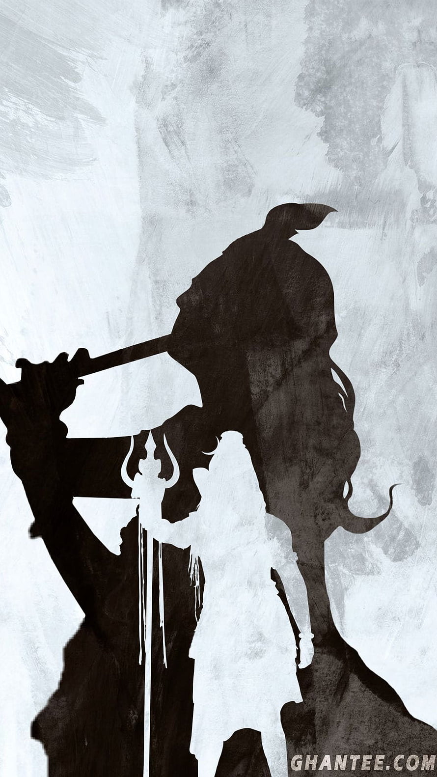 Silhouette of a warrior holding a sword over a fallen figure in a dramatic black and white style HD phone wallpaper