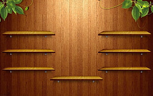 Empty Wooden Wall Shelves Against a Warm Wood Panel Background with Green Leaf Accents HD wallpaper