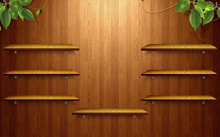 Empty Wooden Wall Shelves Against a Warm Wood Panel Background with Green Leaf Accents HD wallpaper