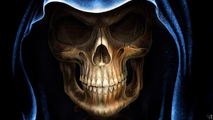 Grim Reaper Skull in Dark Hooded Cloak with Dramatic Blue Lighting HD wallpaper