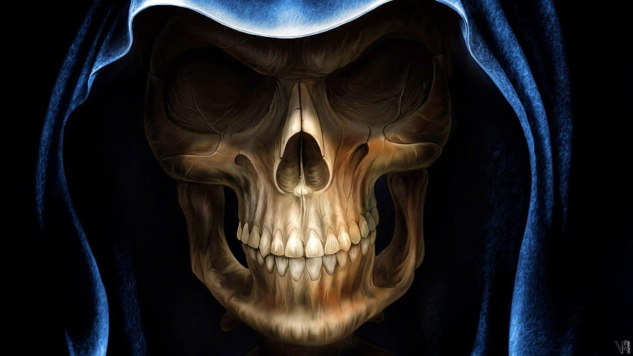Grim Reaper Skull in Dark Hooded Cloak with Dramatic Blue Lighting HD wallpaper