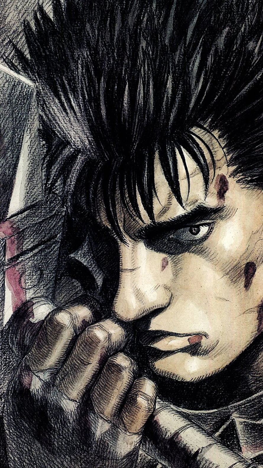 Guts from Berserk manga close-up portrait with intense expression and detailed ink shading HD phone wallpaper