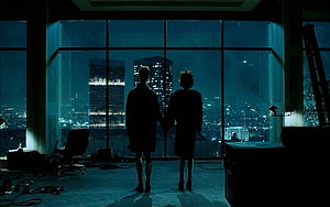 Fight Club Silhouettes Gazing at Night City Skyline Through Office Window HD wallpaper