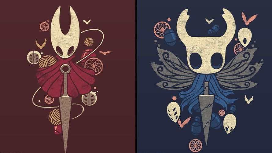 Hollow Knight and Hornet Stylized Character Art with Swords and Insects HD wallpaper