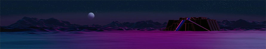 Neon-lit alien landscape with a glowing structure and distant moon under a starry night sky HD wallpaper