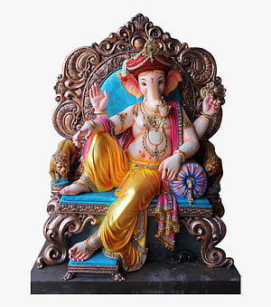 Ganesha Seated on Ornate Bronze Throne with Lions and Traditional Attire HD phone wallpaper