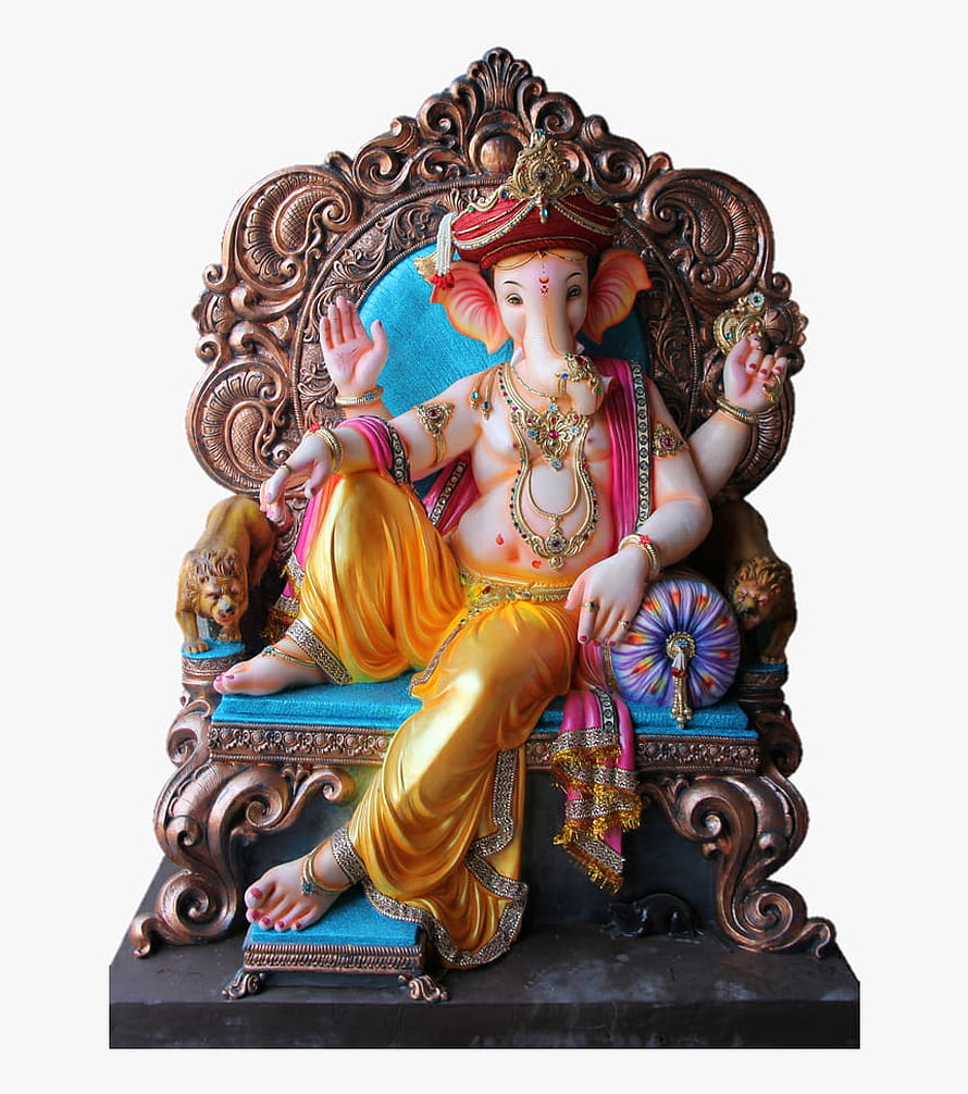 Ganesha Seated on Ornate Bronze Throne with Lions and Traditional Attire HD phone wallpaper