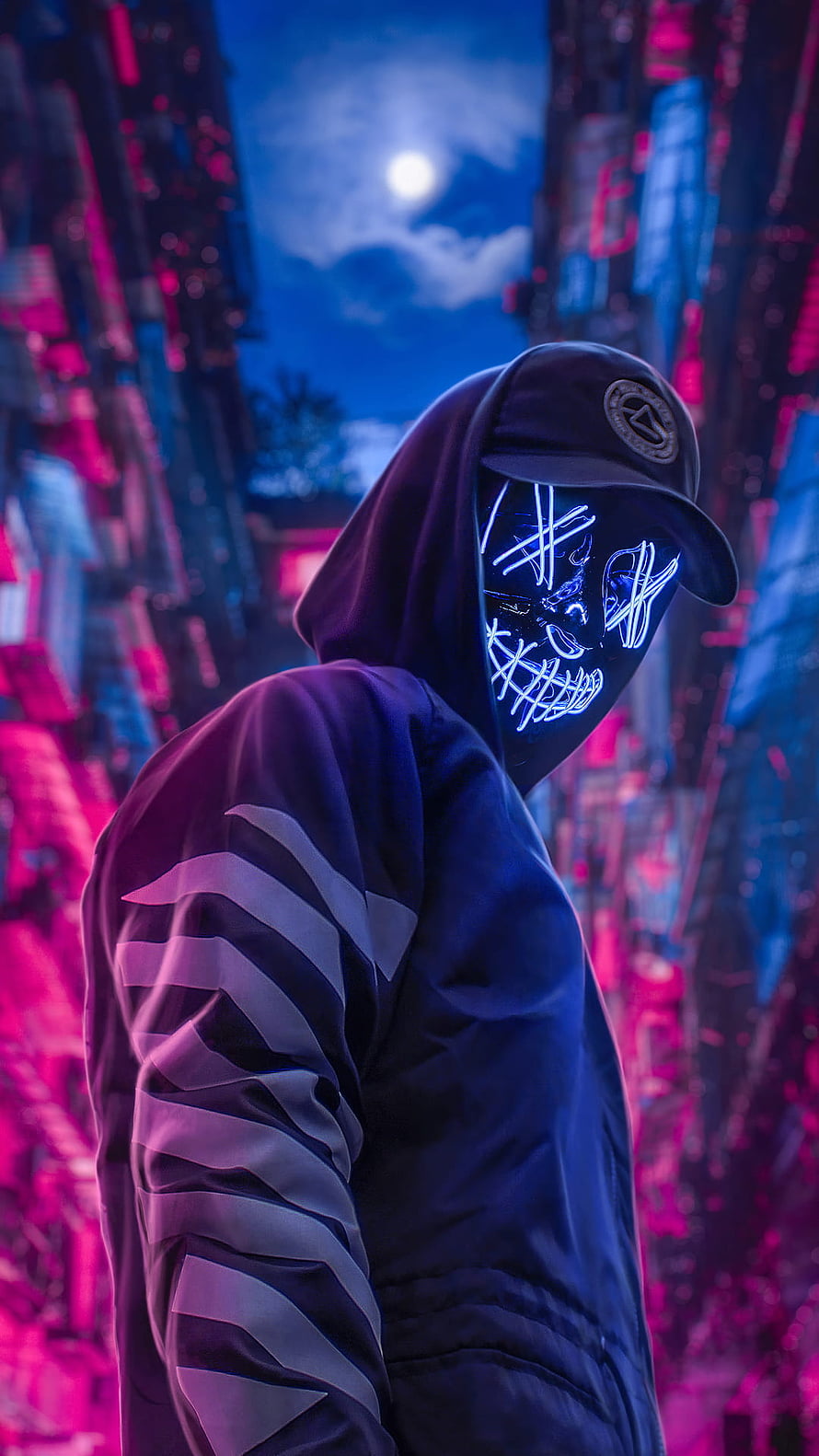 Neon LED Masked Figure in Hoodie and Cap Against Cyberpunk City Night Skyline HD phone wallpaper