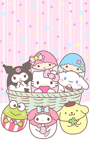 Cute Sanrio Characters in Easter Basket with Hello Kitty, Kuromi, My Melody, Cinnamoroll, Keroppi, and Pompompurin HD phone wallpaper