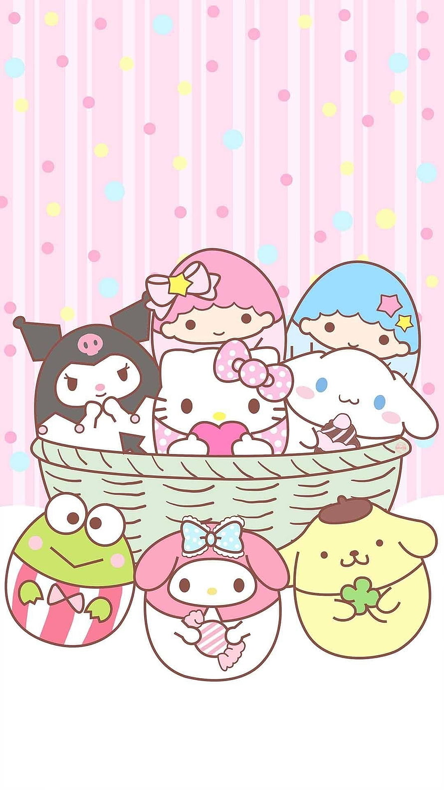 Cute Sanrio Characters in Easter Basket with Hello Kitty, Kuromi, My Melody, Cinnamoroll, Keroppi, and Pompompurin HD phone wallpaper