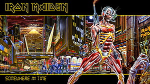 Iron Maiden Eddie in Futuristic Cyberpunk Cityscape from Somewhere in Time HD wallpaper
