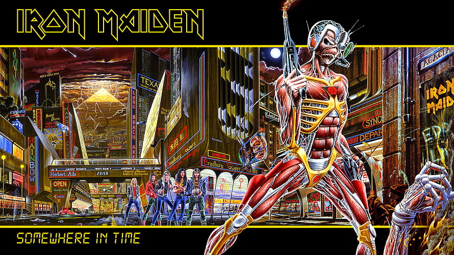 Iron Maiden Eddie in Futuristic Cyberpunk Cityscape from Somewhere in Time HD wallpaper