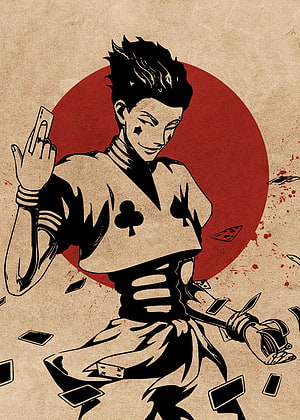 Hisoka from Hunter x Hunter in a vintage woodblock style with playing cards and a red sun backdrop HD phone wallpaper