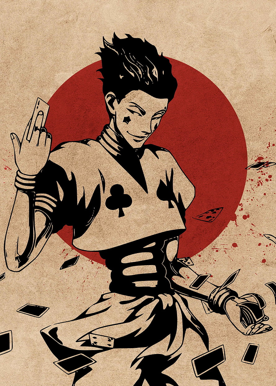 Hisoka from Hunter x Hunter in a vintage woodblock style with playing cards and a red sun backdrop HD phone wallpaper
