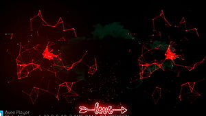 Abstract red geometric network with glowing particles and neon love text on dark background HD wallpaper