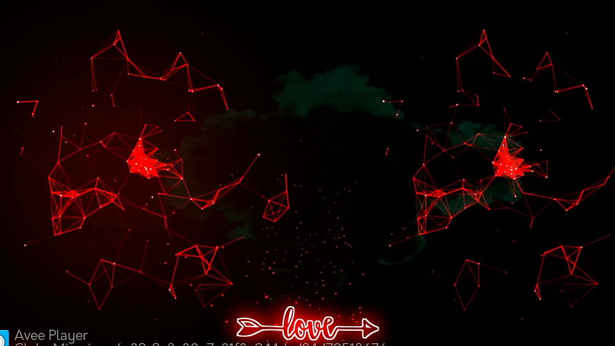 Abstract red geometric network with glowing particles and neon love text on dark background HD wallpaper