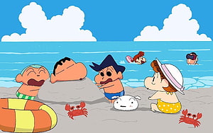 Crayon Shin-chan characters playing on a sunny beach with crabs and Shiro HD wallpaper