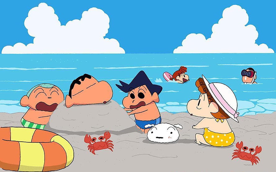 Crayon Shin-chan characters playing on a sunny beach with crabs and Shiro HD wallpaper