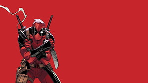 Deadpool comic art illustration with crossed weapons and red background HD wallpaper