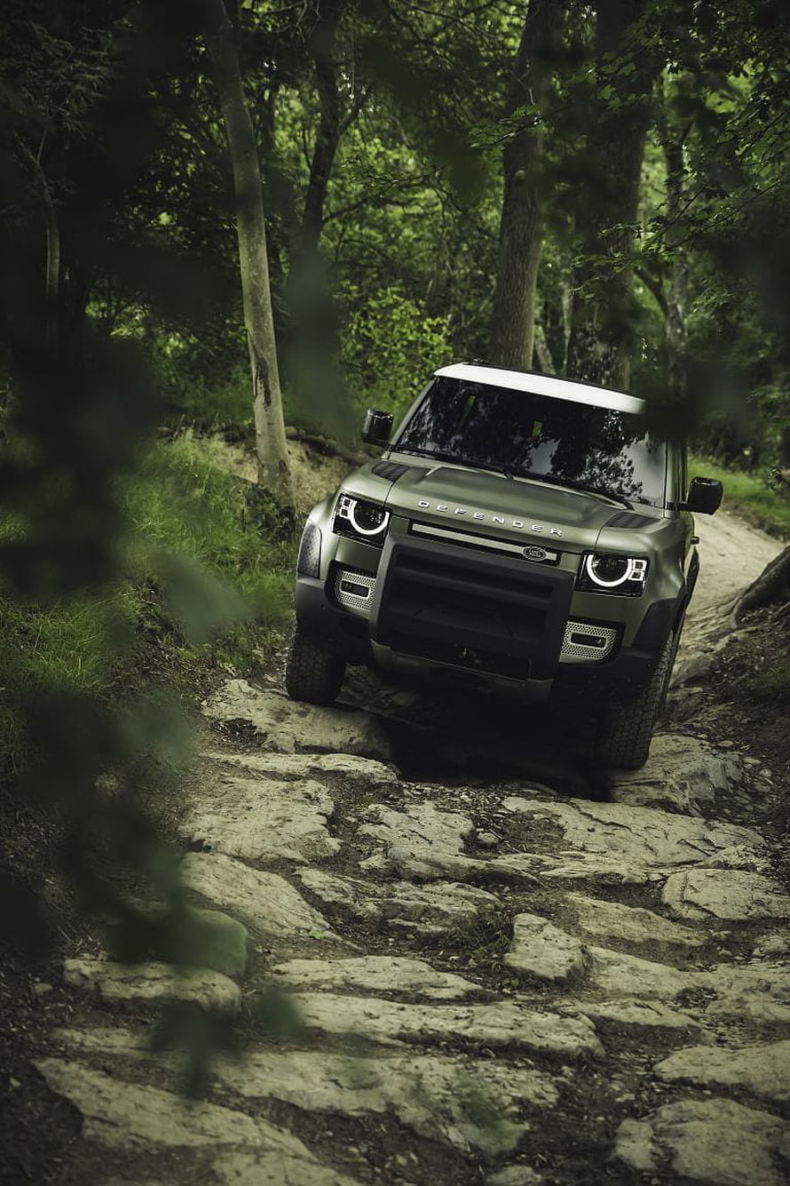 Land Rover Defender 90 Off-Road Adventure on Rocky Forest Trail HD phone wallpaper