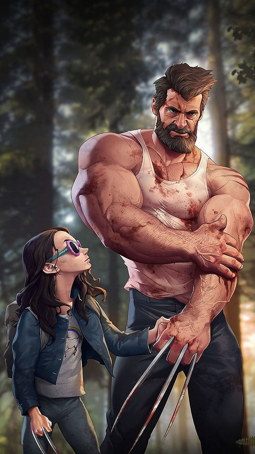 Wolverine and Laura Kinney standing together in a forest with adamantium claws extended, Cartoon Bodybuilder, #cartoon body HD phone wallpaper