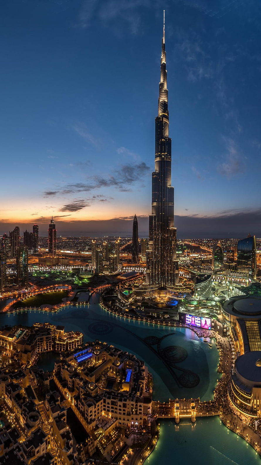 Aerial View of Burj Khalifa and Dubai Fountain at Sunset HD phone wallpaper