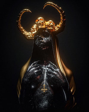 Dark Fantasy Sculpture of a Horned Figure with Golden Skull Crown and Cross Pendant HD phone wallpaper