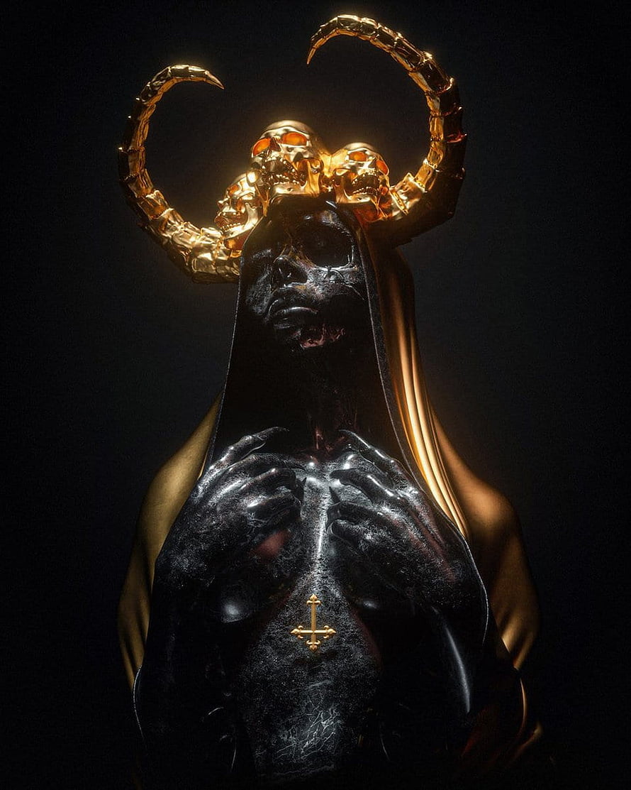 Dark Fantasy Sculpture of a Horned Figure with Golden Skull Crown and Cross Pendant HD phone wallpaper