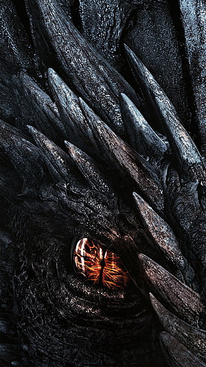 Close-up of a black dragon's glowing orange eye with sharp scales and spikes HD phone wallpaper