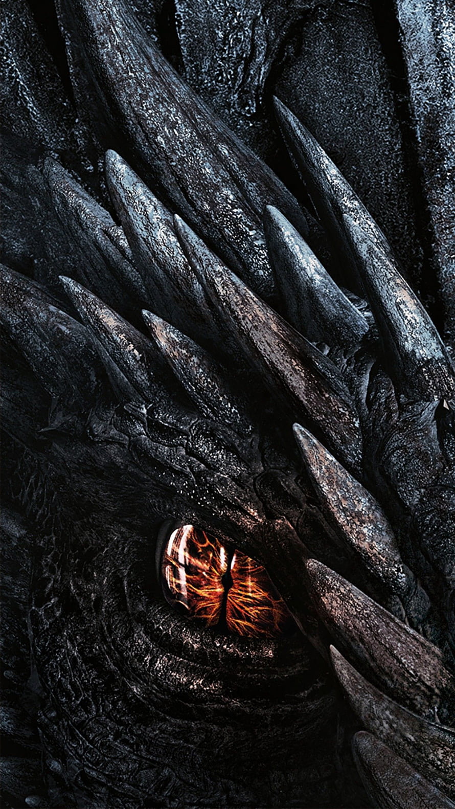 Close-up of a black dragon's glowing orange eye with sharp scales and spikes HD phone wallpaper