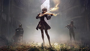 2B Playing Violin in Ruined Cathedral from Nier Automata HD wallpaper