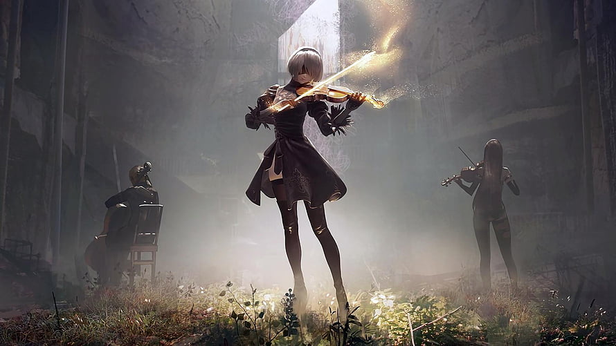 2B Playing Violin in Ruined Cathedral from Nier Automata HD wallpaper