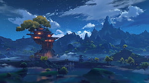 Fantasy Treehouse Village at Night with Starry Sky and Mountains HD wallpaper
