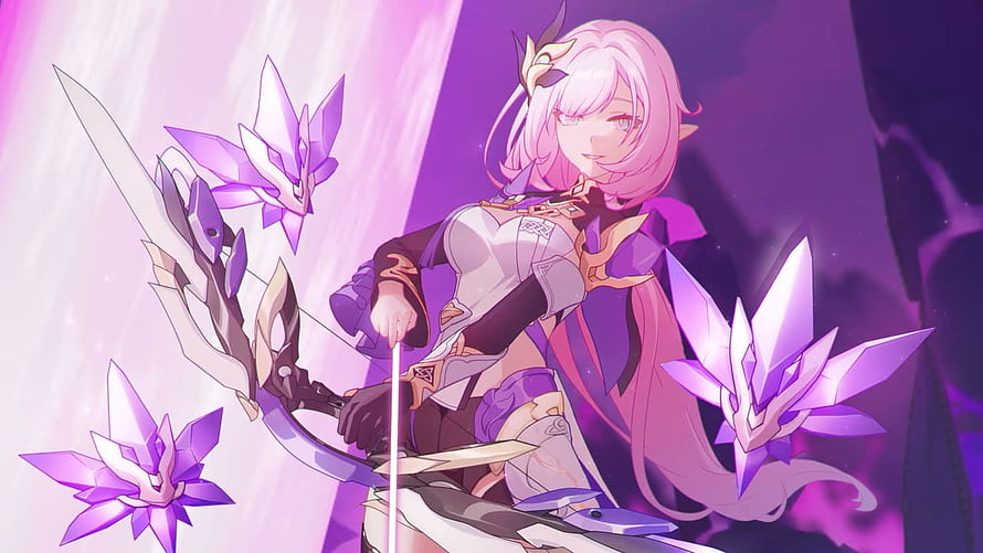 Elysia from Honkai Impact 3rd in a purple and white fantasy outfit with crystal flowers HD wallpaper