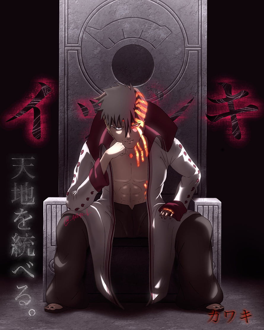 Kawaki in Isshiki Otsutsuki Costume Sitting on Throne with Rinnegan Symbol HD phone wallpaper