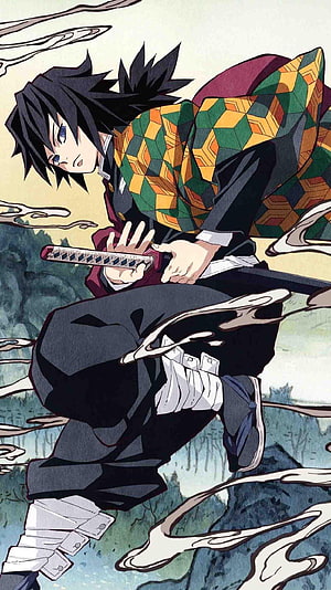 Giyu Tomioka from Demon Slayer in a Dynamic Crouching Pose with Katana and Water Effects HD phone wallpaper