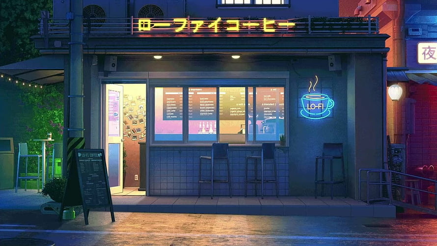 Lofi Coffee Shop Night Scene with Neon Sign and Rainy Street Atmosphere HD wallpaper