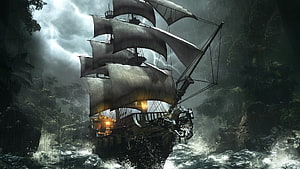 Pirate Galleon Navigating Stormy River Through Dense Jungle HD wallpaper