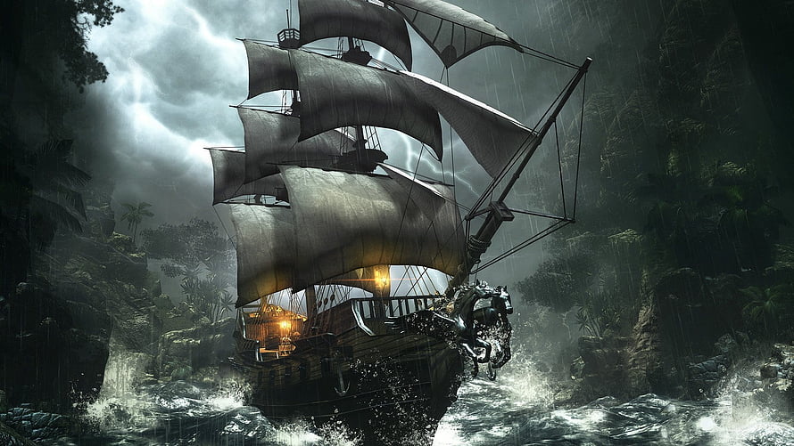Pirate Galleon Navigating Stormy River Through Dense Jungle HD wallpaper