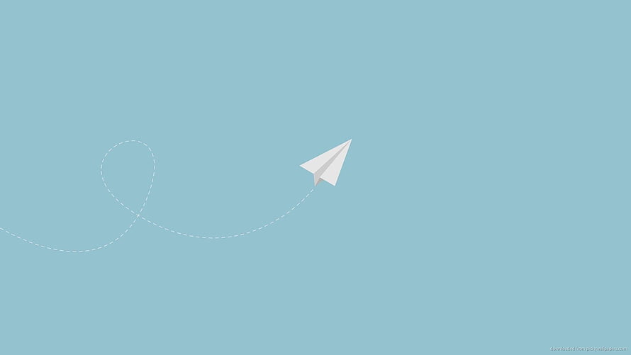 Minimalist Paper Airplane with Dashed Flight Path on Soft Blue Background HD wallpaper