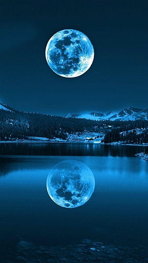 Serene Blue Moon Reflection Over Snowy Mountain Lake at Night HD phone wallpaper