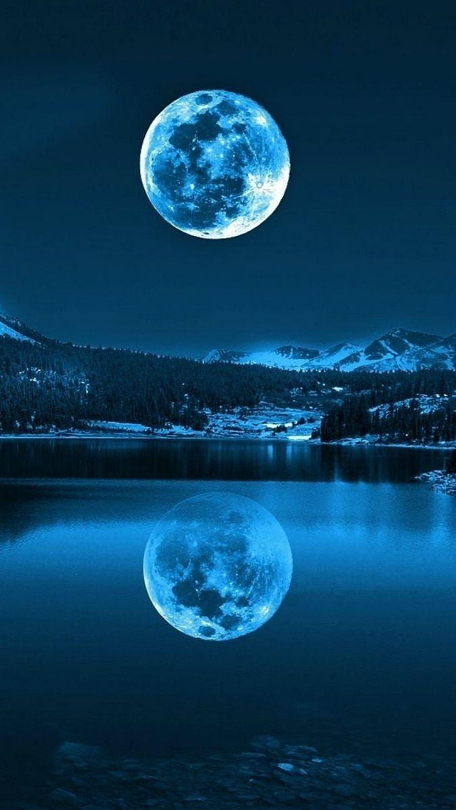 Serene Blue Moon Reflection Over Snowy Mountain Lake at Night HD phone wallpaper