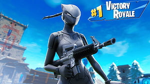 Fortnite Victory Royale Thumbnail Featuring Female Character in Grey Suit Holding Rifle HD wallpaper