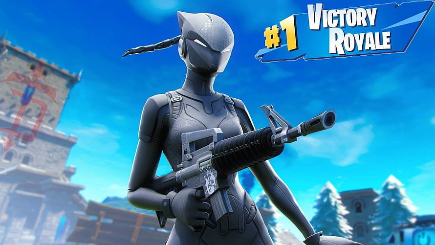 Fortnite Victory Royale Thumbnail Featuring Female Character in Grey Suit Holding Rifle HD wallpaper