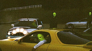 Cactus Jack Racing Scene With Green Masked Figures And Classic Cars HD wallpaper